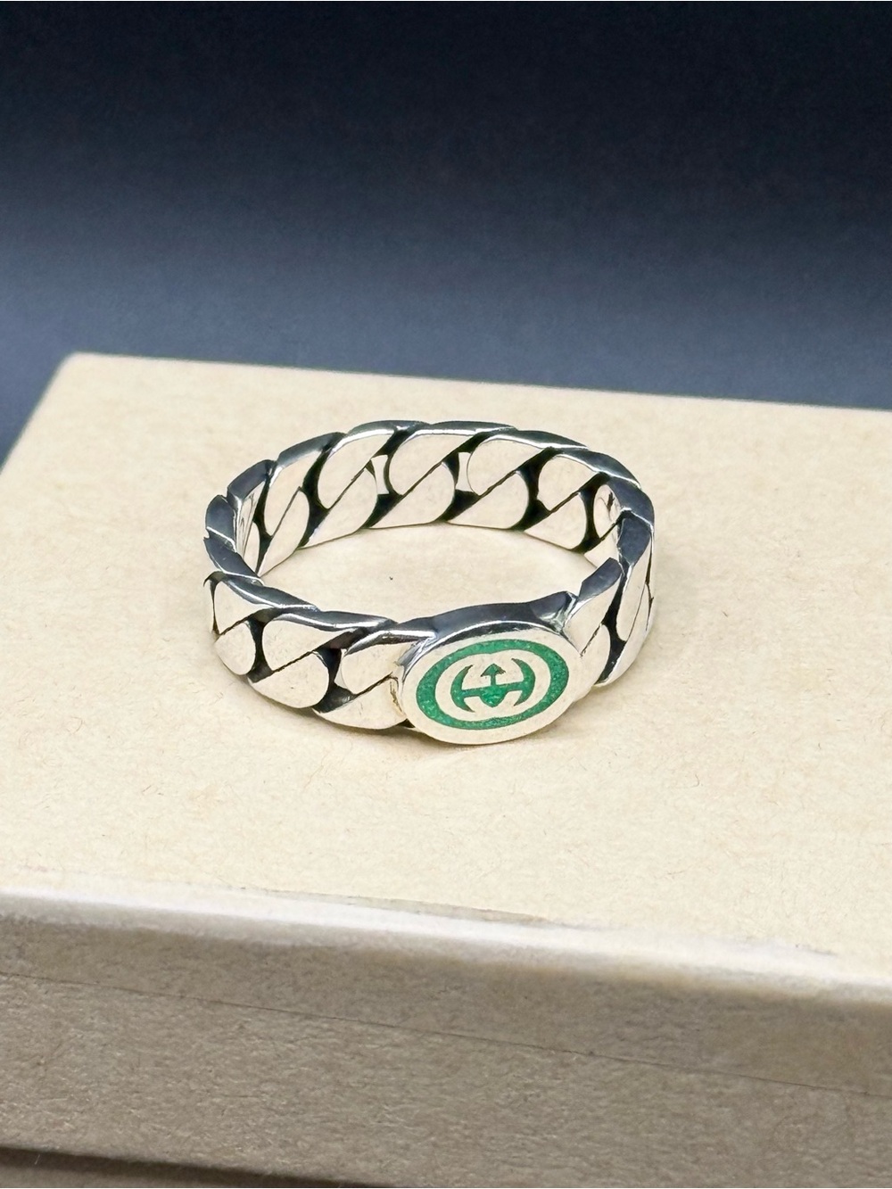 Gucci Sterling Silver Interlocking Curb Chain Ring Size 11